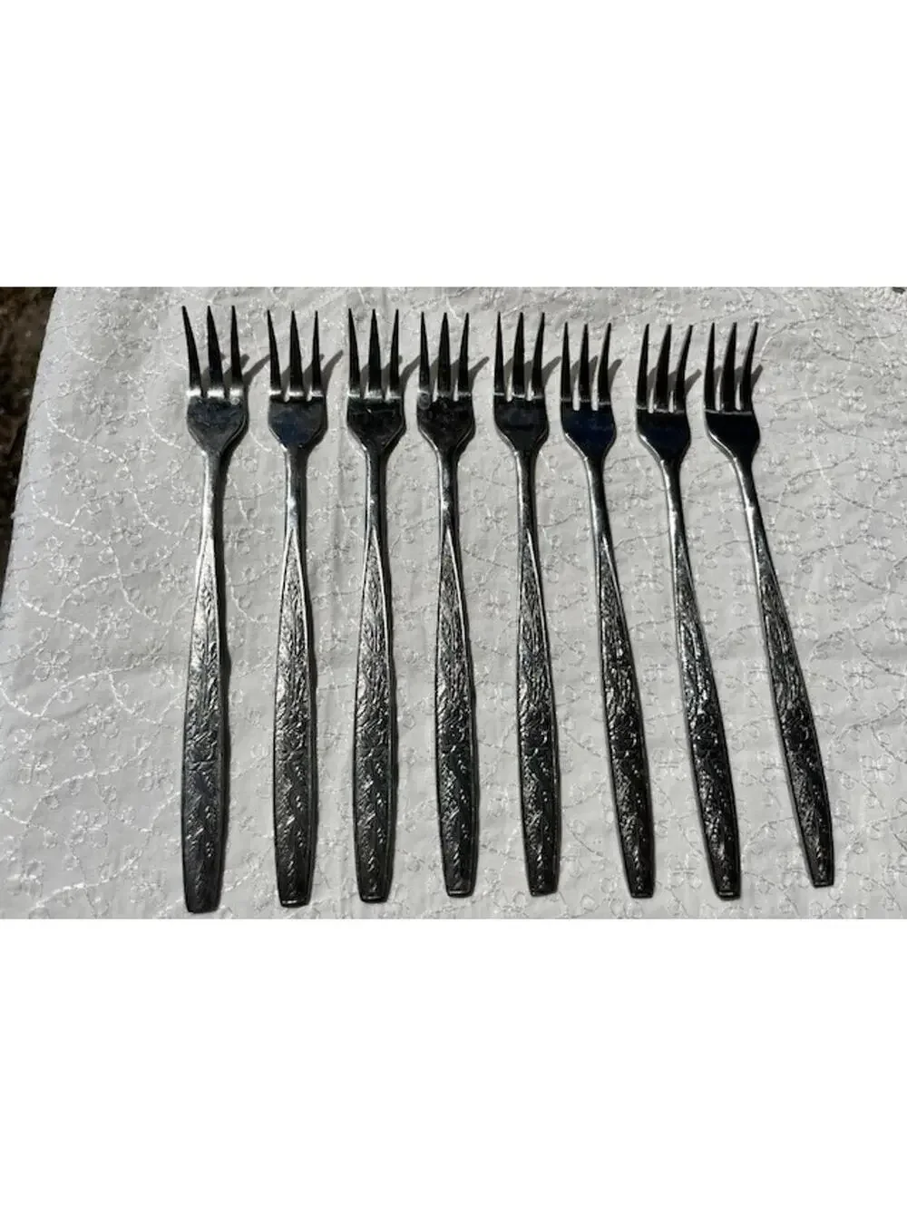 Set of 8 Stanley Roberts Glossy Etched Rose Floral Silver Forks Made in Japan